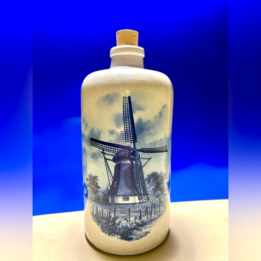 Unique Vintage Blue Dutch Windmill Accent Bottle with Cork